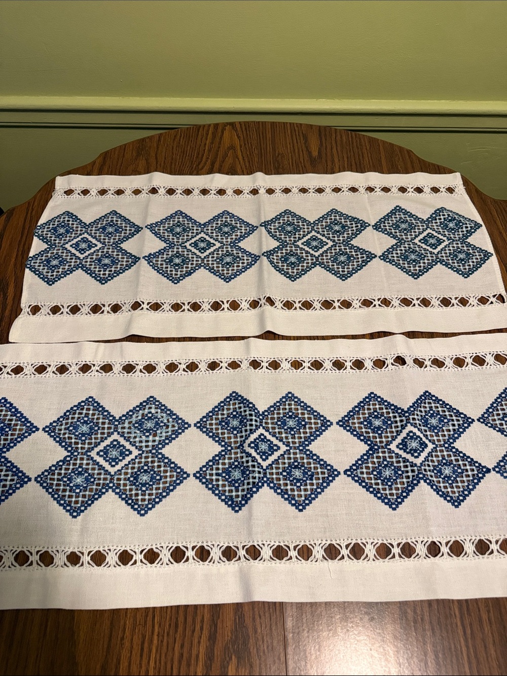 2 vintage Romanian 🇷🇴 crocheted oblong pieces with med and light blue accents.